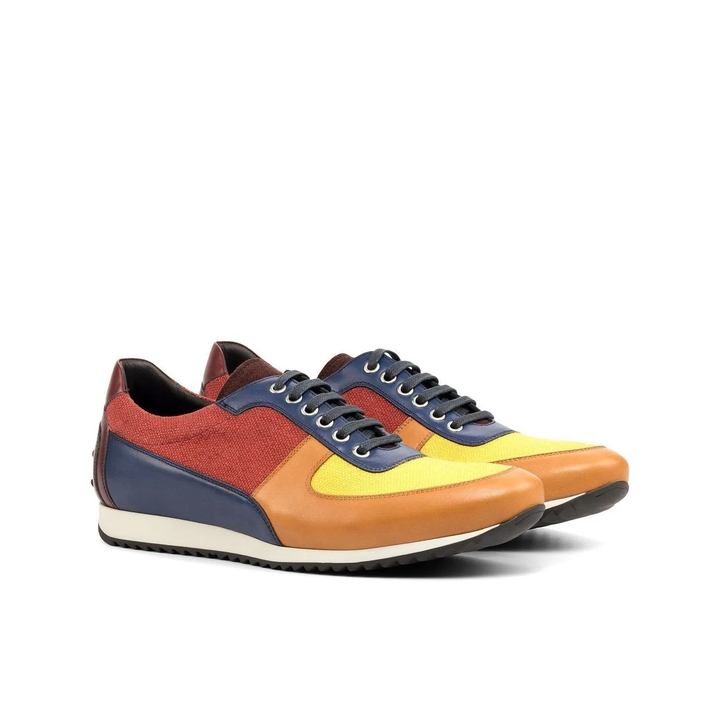 Ambrogio Bespoke Custom Men's Shoes Mustard, Red, Burgundy, Cognac & Navy Fabric / Suede / Calf-Skin Leather Casual Sneakers (AMB1955)