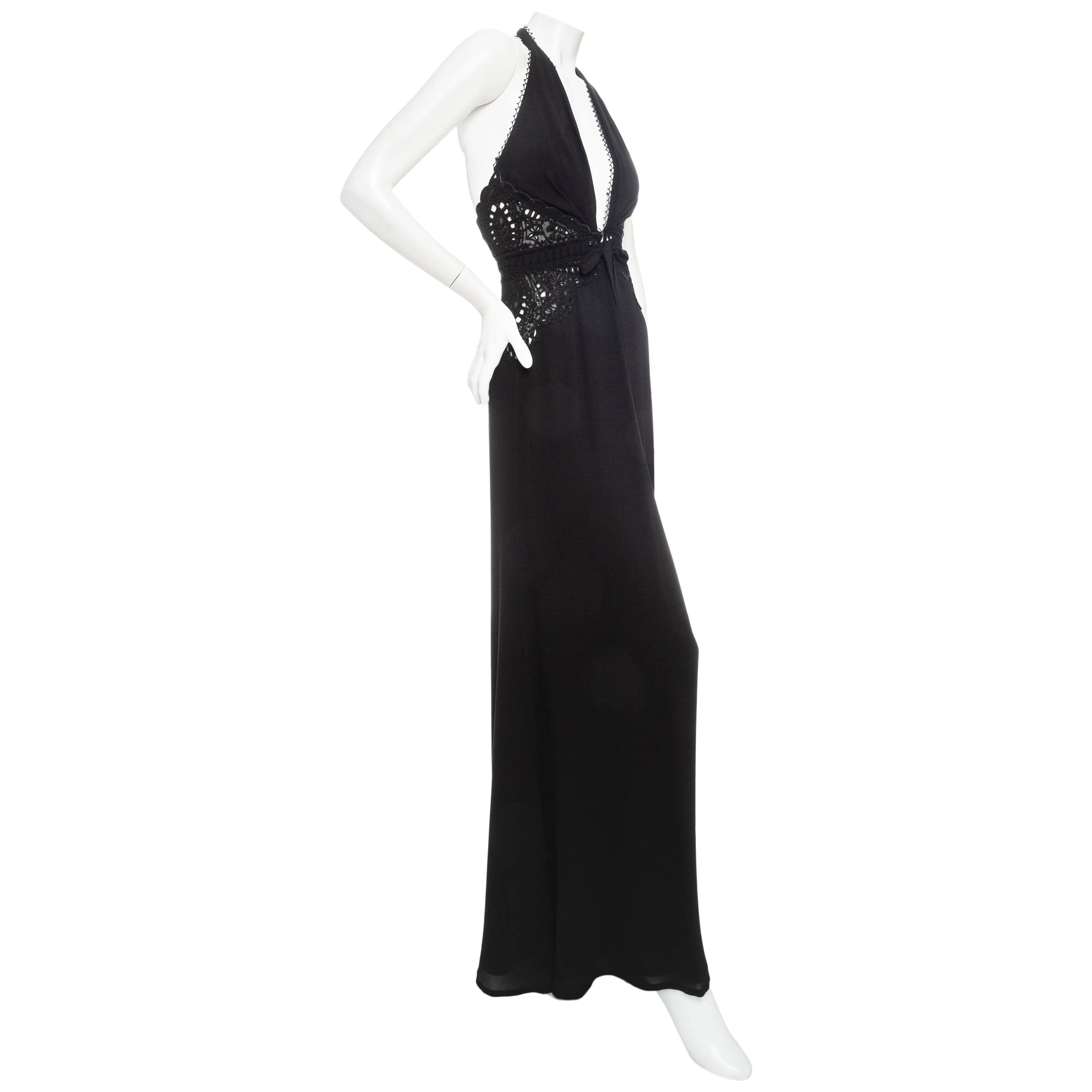 Black Silk Chiffon and Lace Halter V-Neck Dress