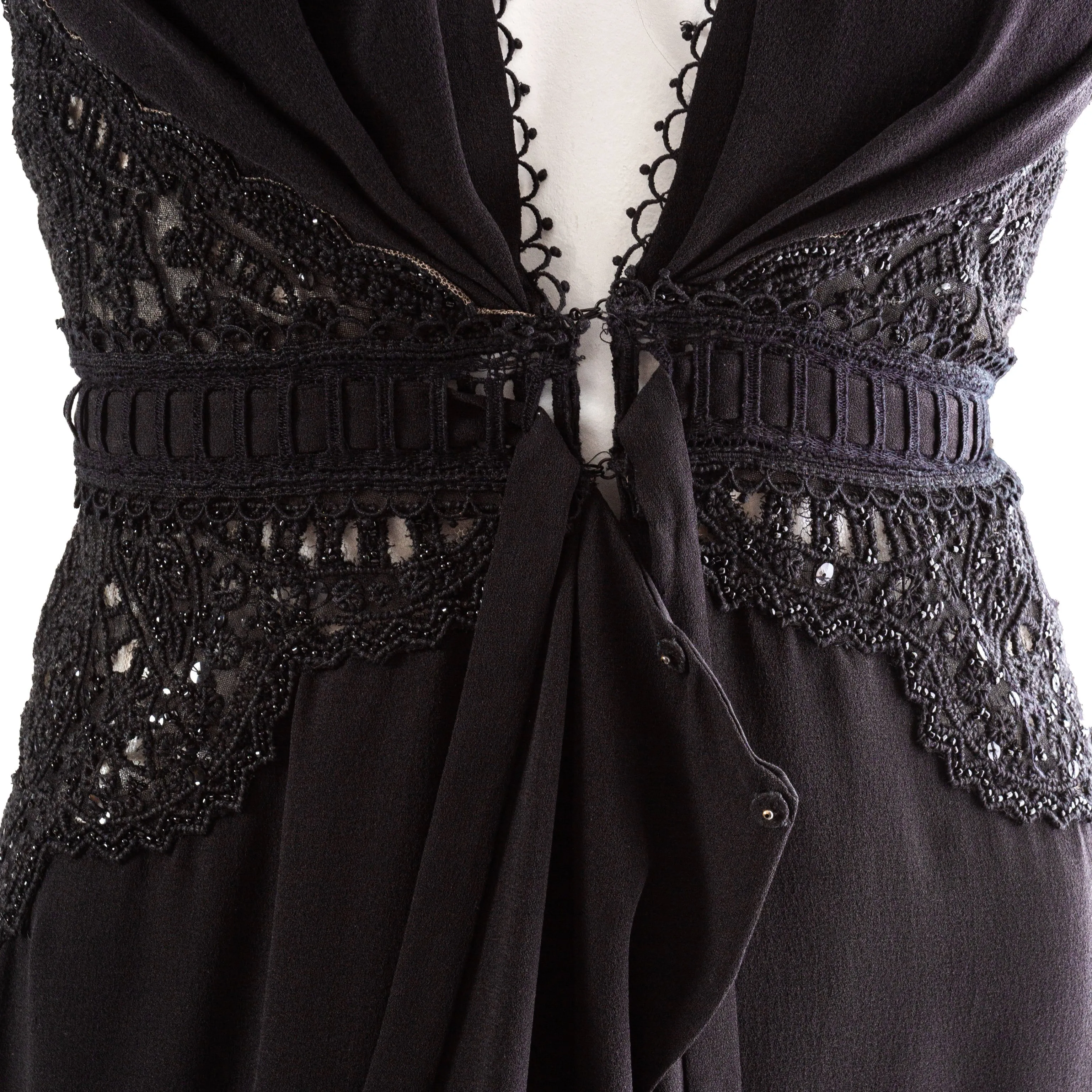 Black Silk Chiffon and Lace Halter V-Neck Dress