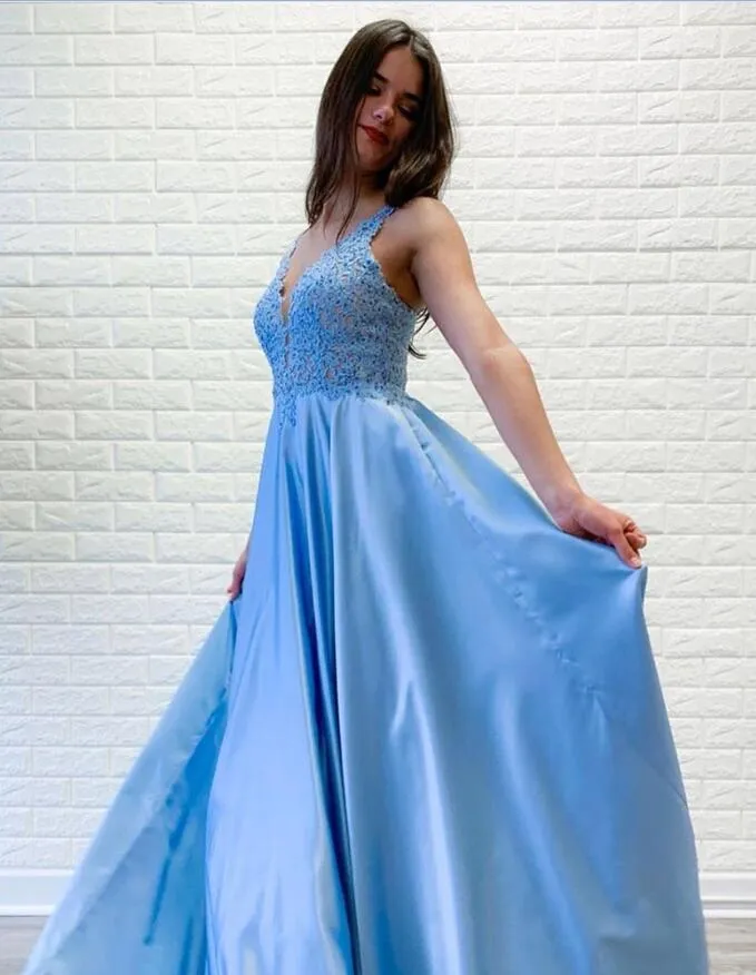 Blue Elastic Satin V-Neck Lace A-Line Prom Dress, PD2306011