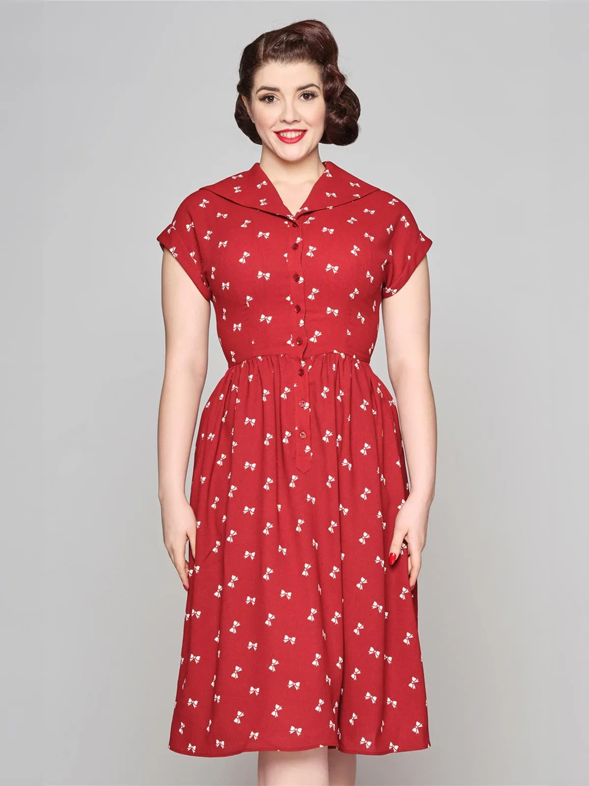 Bow Print Vintage Style Red Shirtwaist Dress