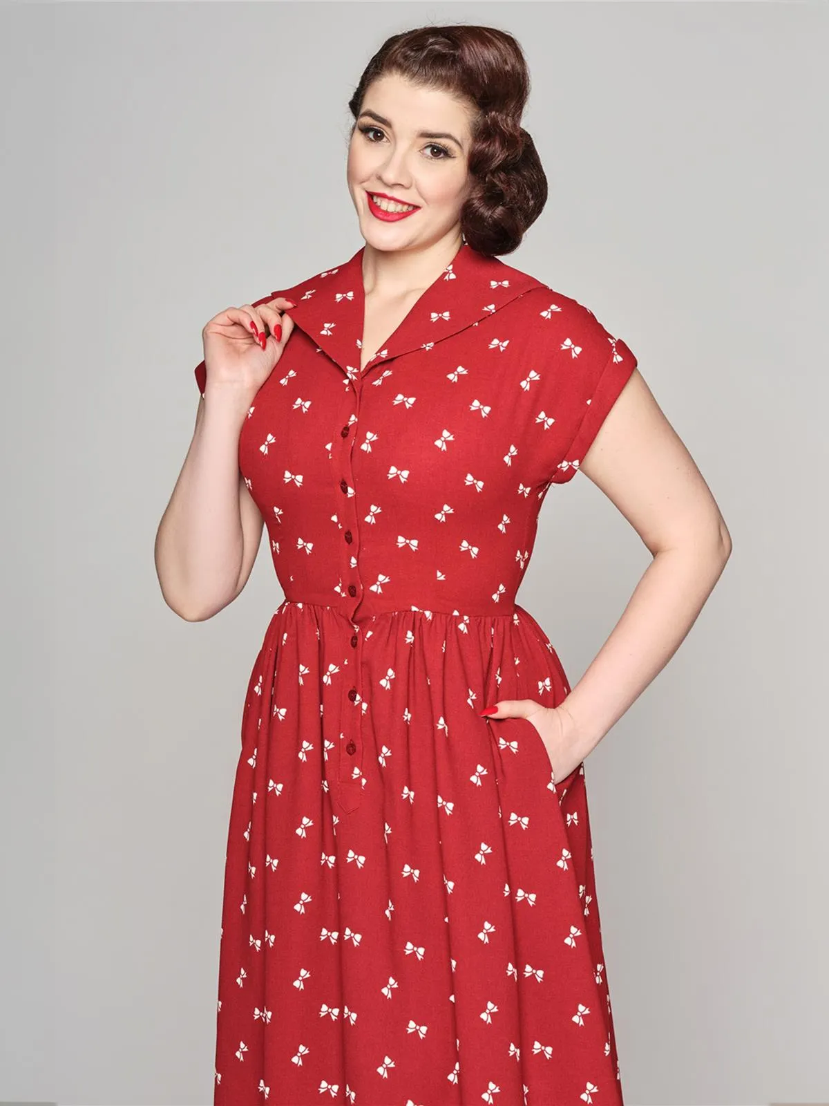 Bow Print Vintage Style Red Shirtwaist Dress