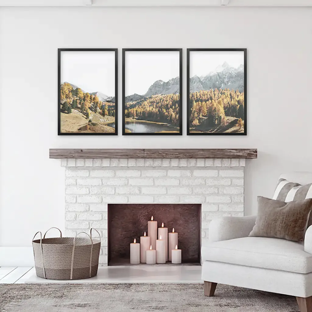 Brown Autumn Scenery. 3 Piece Mountain Lake, Forest Wall Art