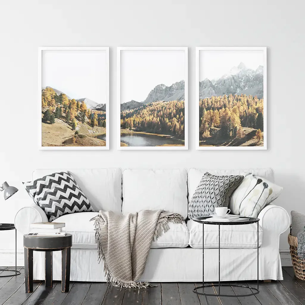 Brown Autumn Scenery. 3 Piece Mountain Lake, Forest Wall Art