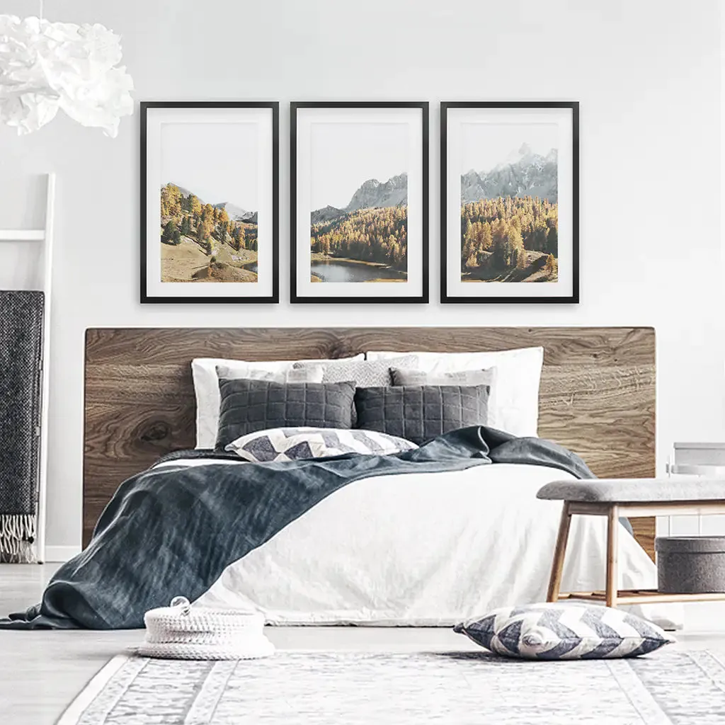 Brown Autumn Scenery. 3 Piece Mountain Lake, Forest Wall Art