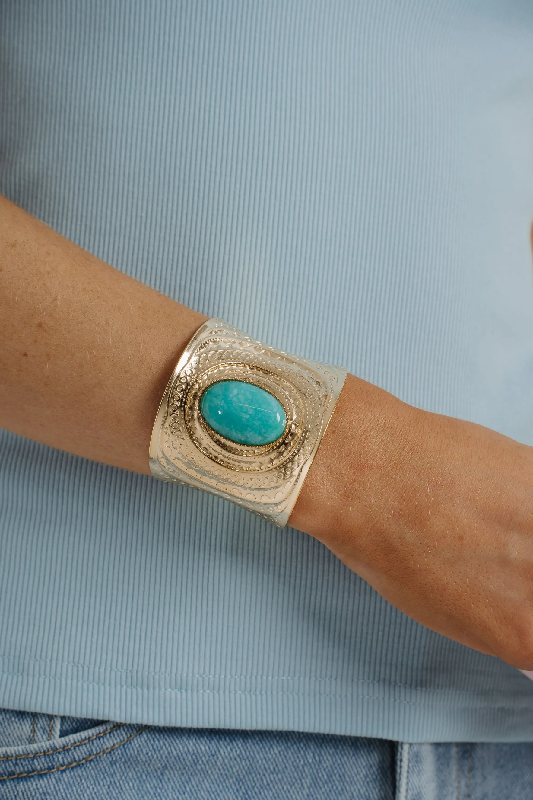 Cameron Turquoise Stone Cuff In Gold