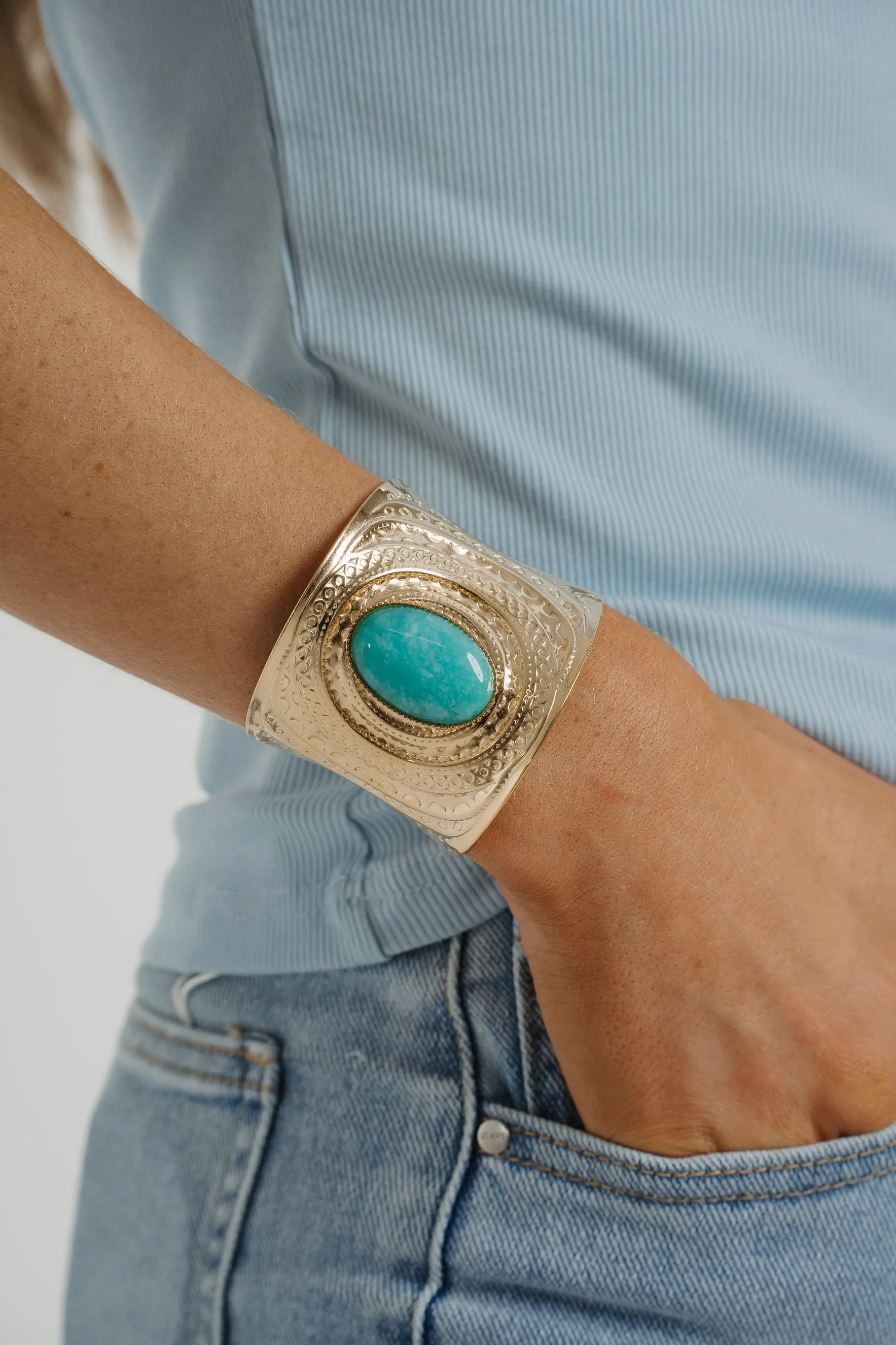 Cameron Turquoise Stone Cuff In Gold