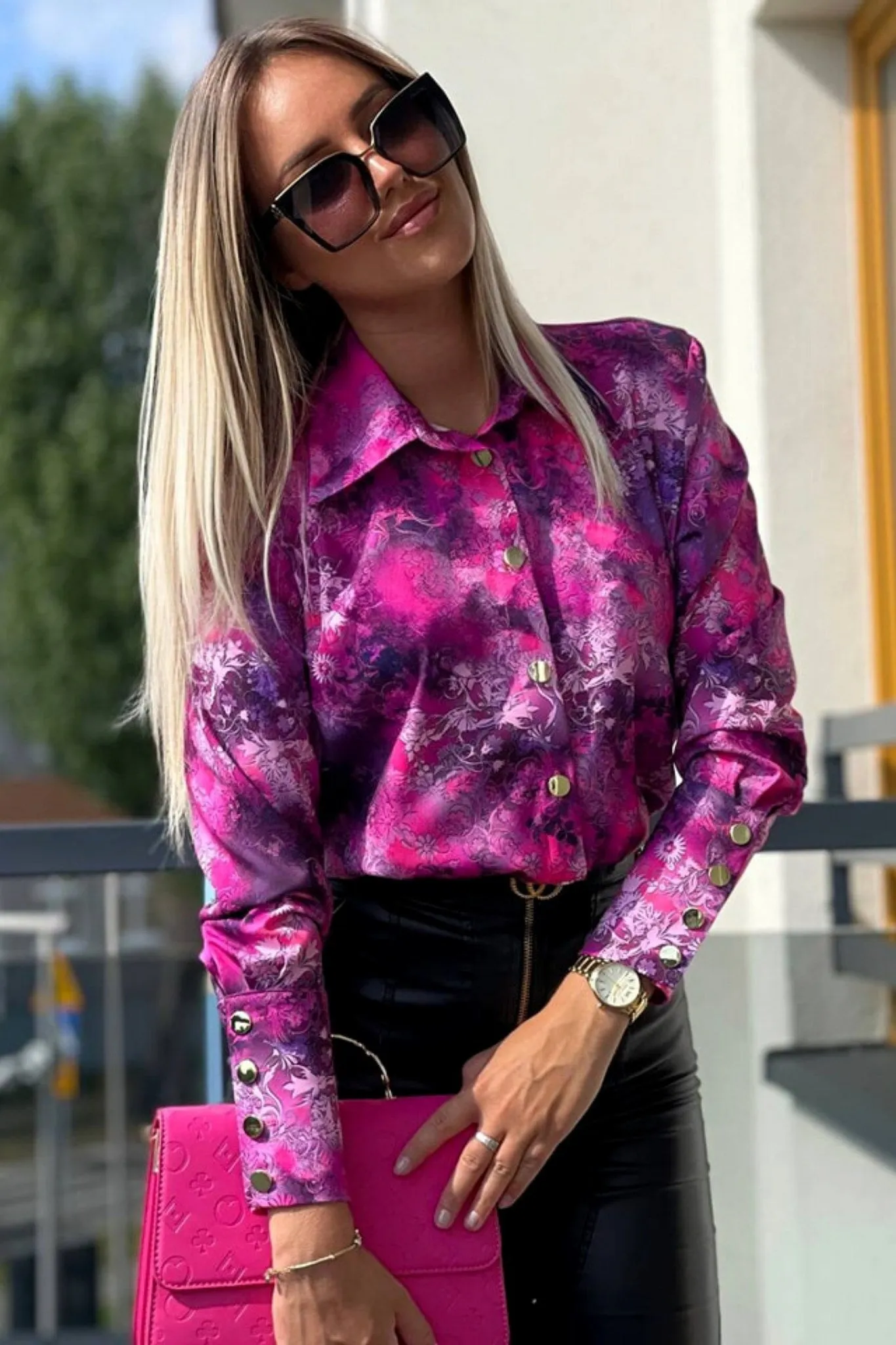 Camicia elegante fucsia viola a micro fantasia  floreale con bottoni dorati