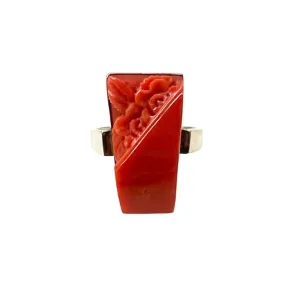 Carved Salmon Coral 14Kt Gold Ring 6.5 Vintage