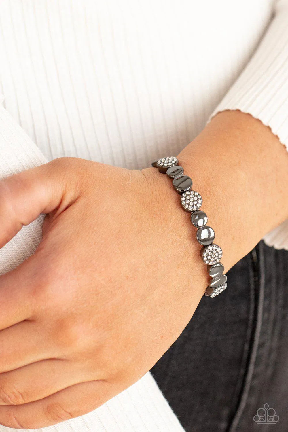 Dimensional Dazzle Gunmetal Black and White Rhinestone Bracelet - Paparazzi Accessories