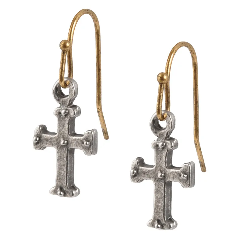 Finished Jewelry-Tiny Medieval Cross-Ear Wire Ball Earrings-Antique Silver   Antique Gold-One Pair