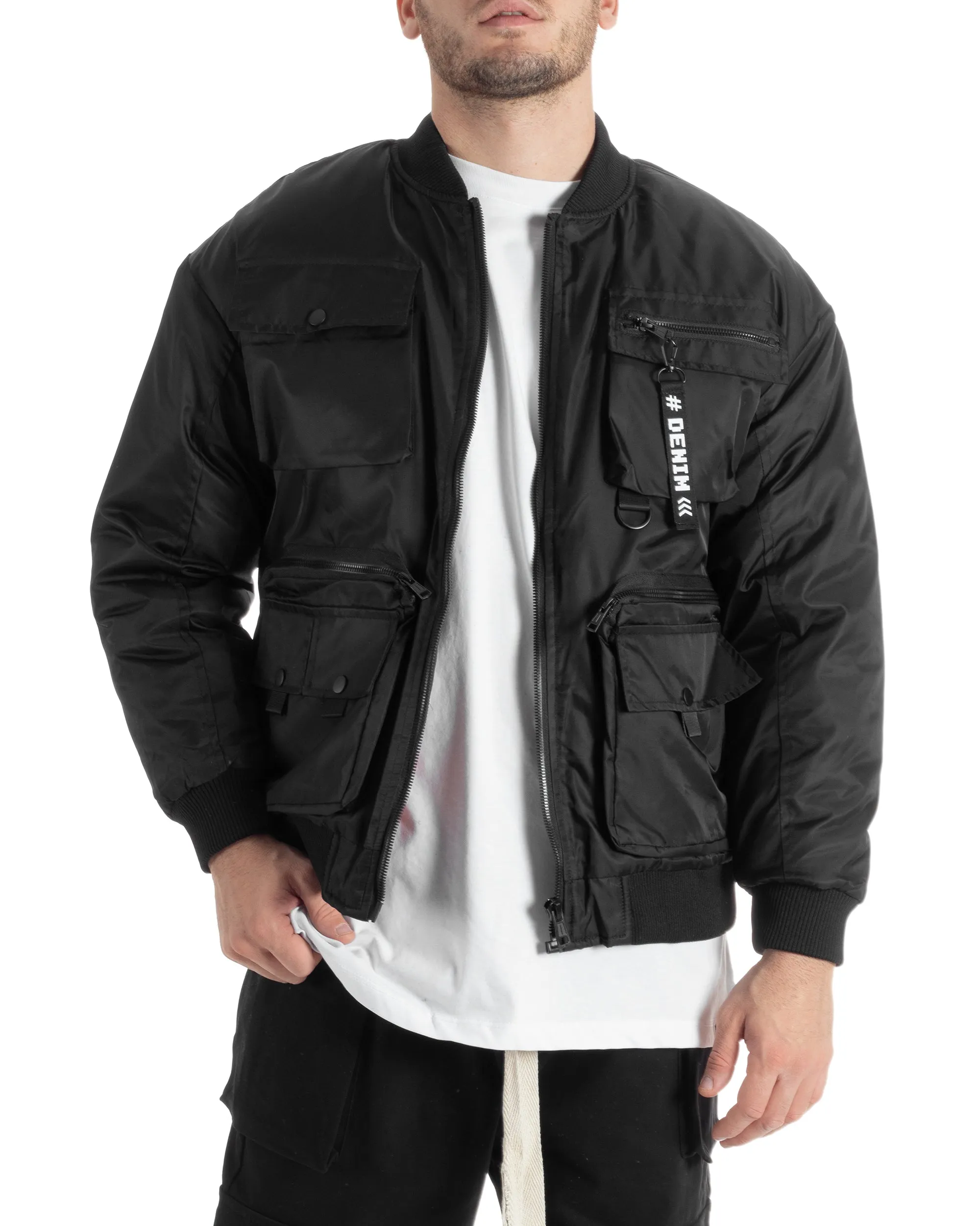 Giubbotto Uomo College Varsity Multitasche Bomber Tessuto Tecnico Nero GIOSAL-G3135A