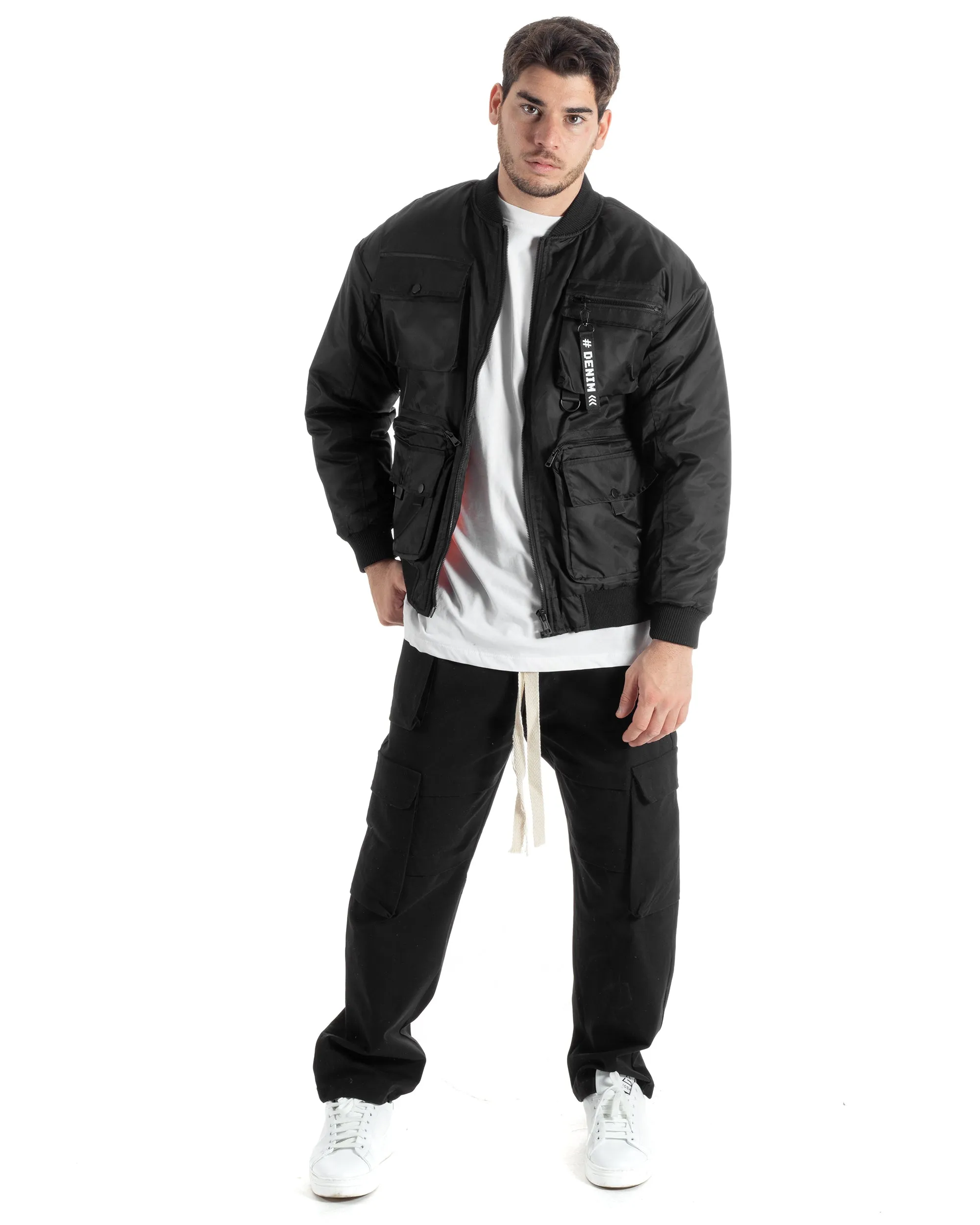 Giubbotto Uomo College Varsity Multitasche Bomber Tessuto Tecnico Nero GIOSAL-G3135A