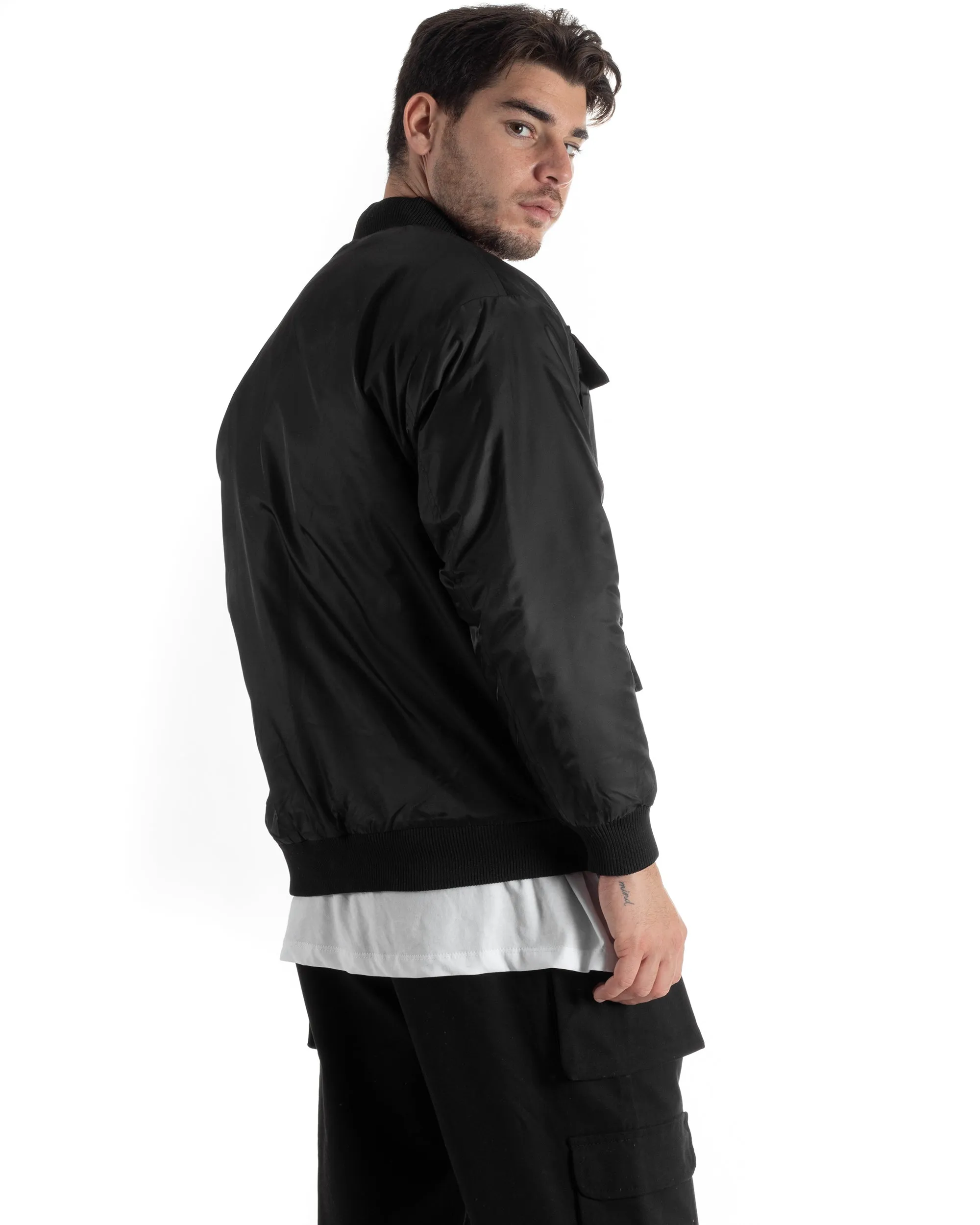 Giubbotto Uomo College Varsity Multitasche Bomber Tessuto Tecnico Nero GIOSAL-G3135A