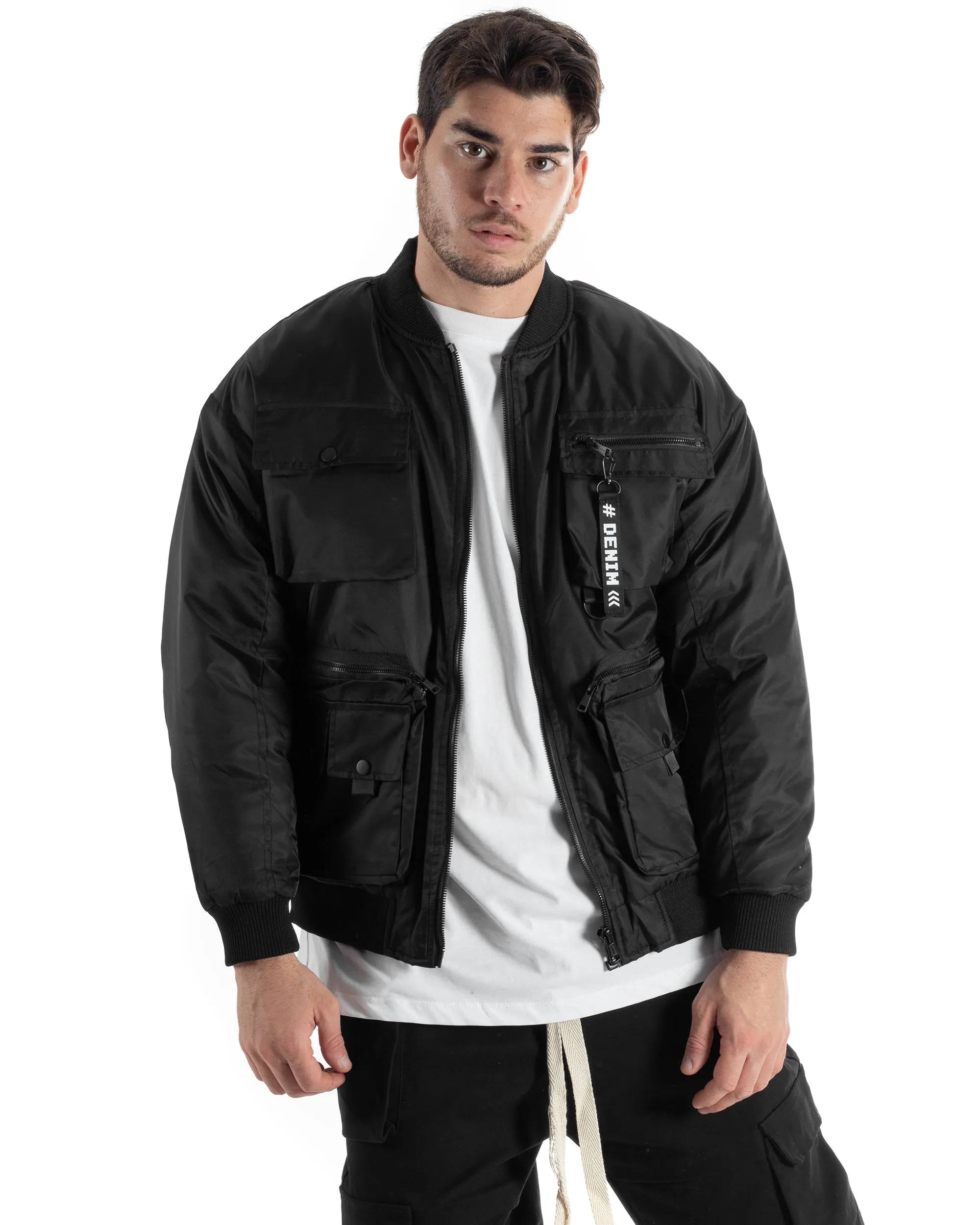 Giubbotto Uomo College Varsity Multitasche Bomber Tessuto Tecnico Nero GIOSAL-G3135A