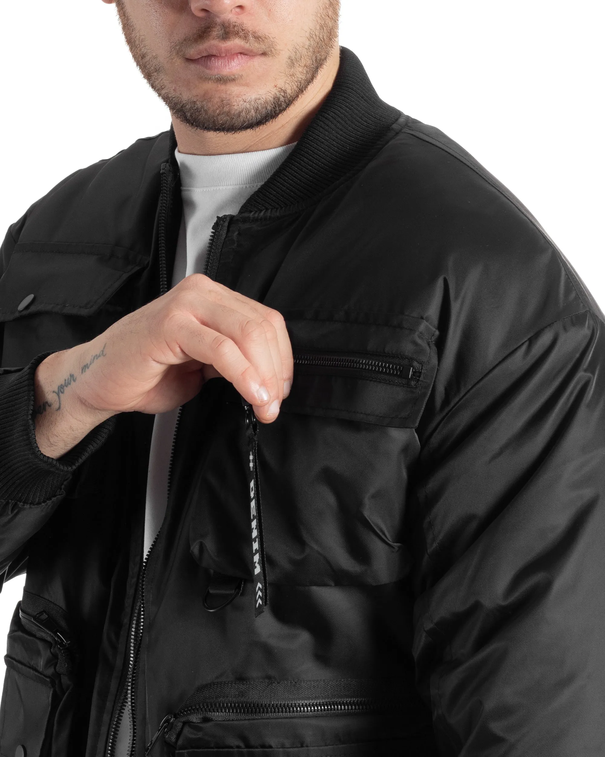 Giubbotto Uomo College Varsity Multitasche Bomber Tessuto Tecnico Nero GIOSAL-G3135A