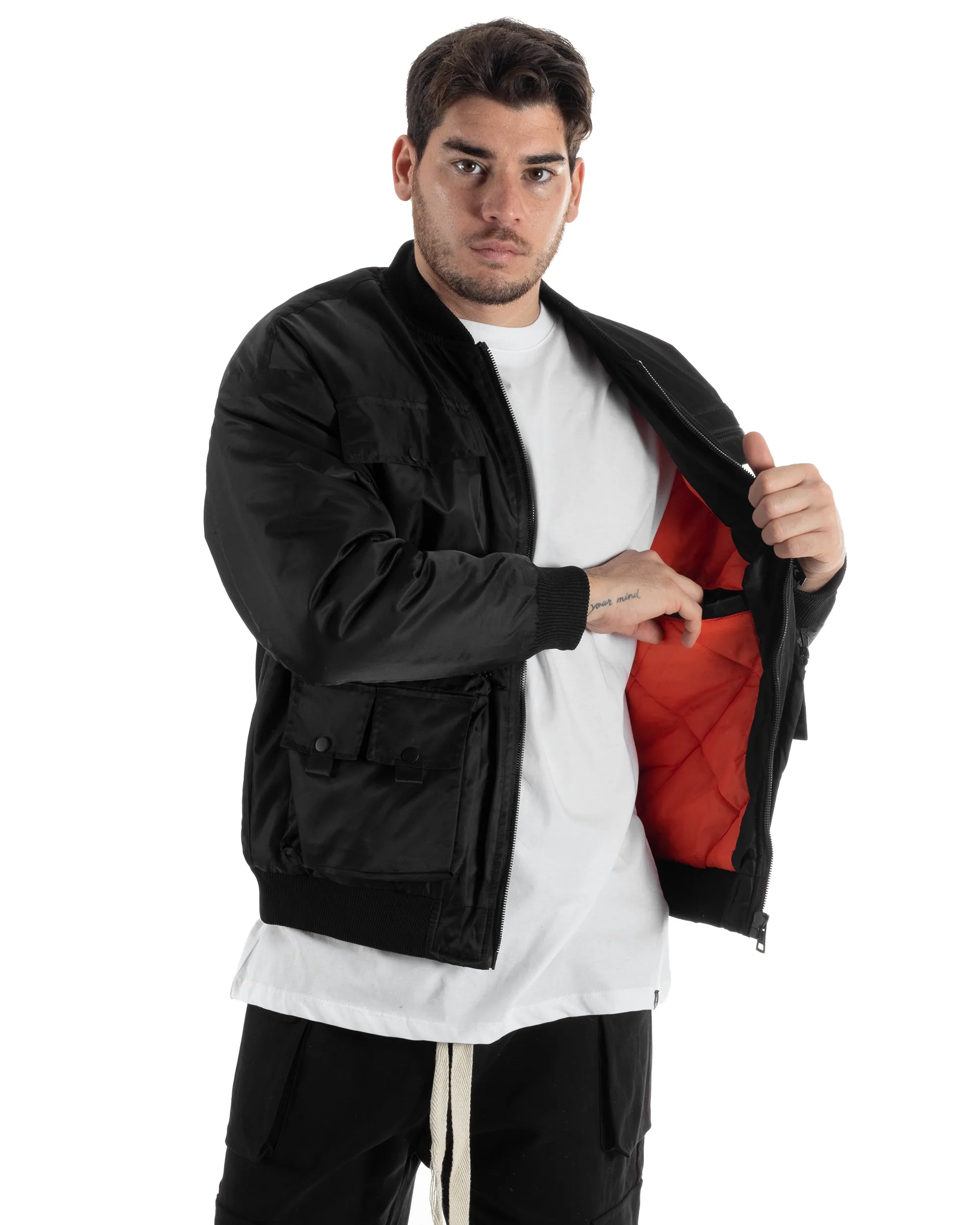 Giubbotto Uomo College Varsity Multitasche Bomber Tessuto Tecnico Nero GIOSAL-G3135A