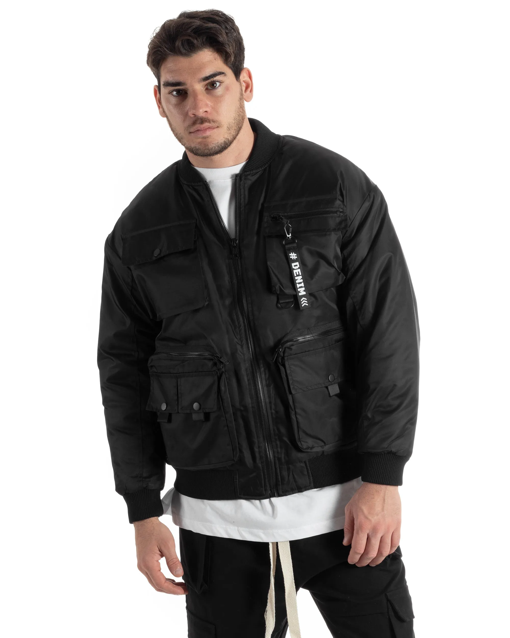 Giubbotto Uomo College Varsity Multitasche Bomber Tessuto Tecnico Nero GIOSAL-G3135A