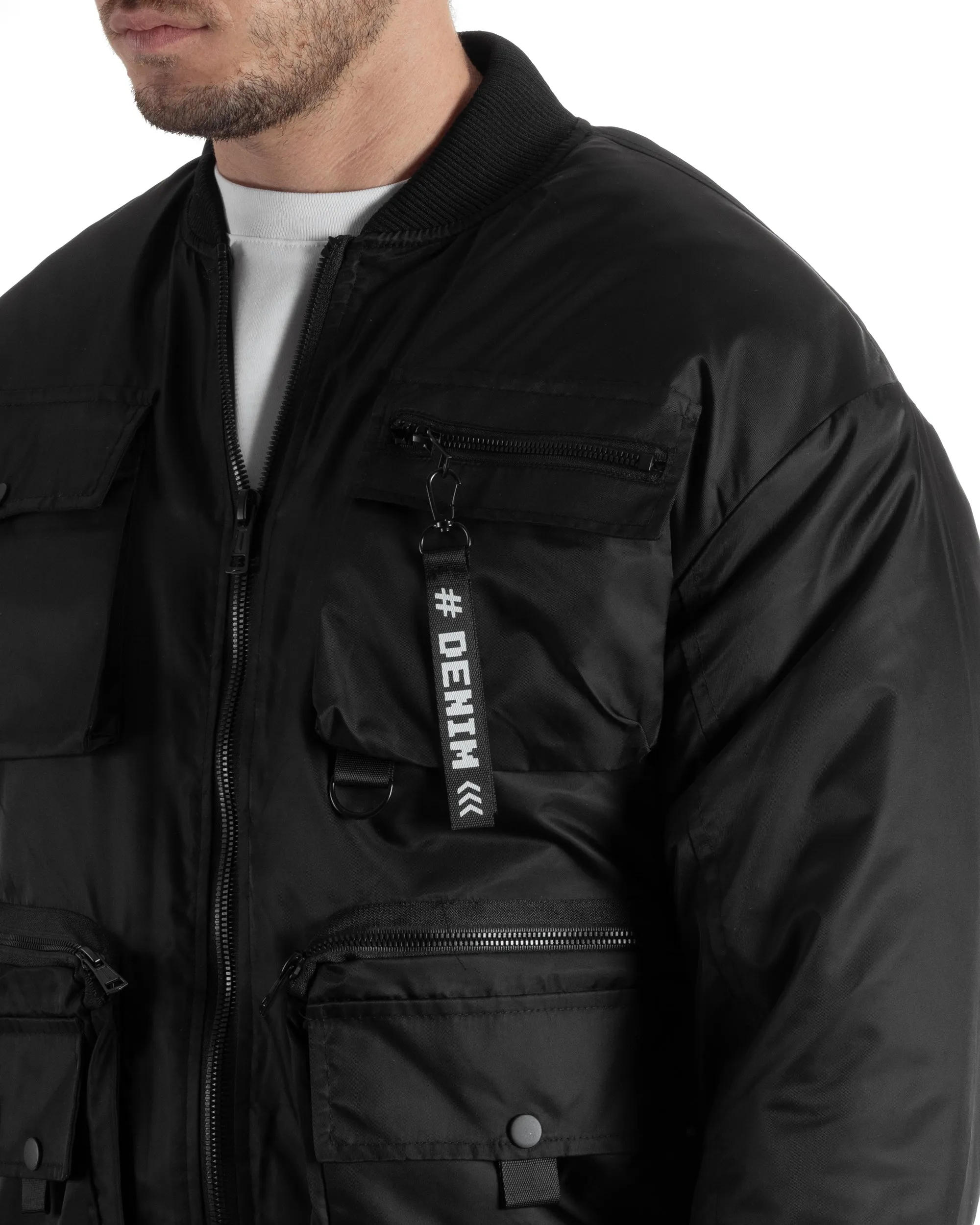 Giubbotto Uomo College Varsity Multitasche Bomber Tessuto Tecnico Nero GIOSAL-G3135A