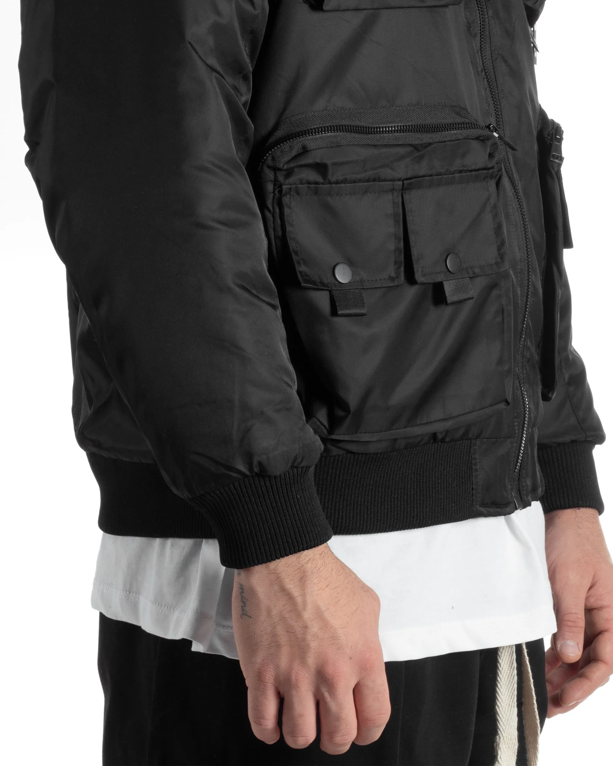 Giubbotto Uomo College Varsity Multitasche Bomber Tessuto Tecnico Nero GIOSAL-G3135A