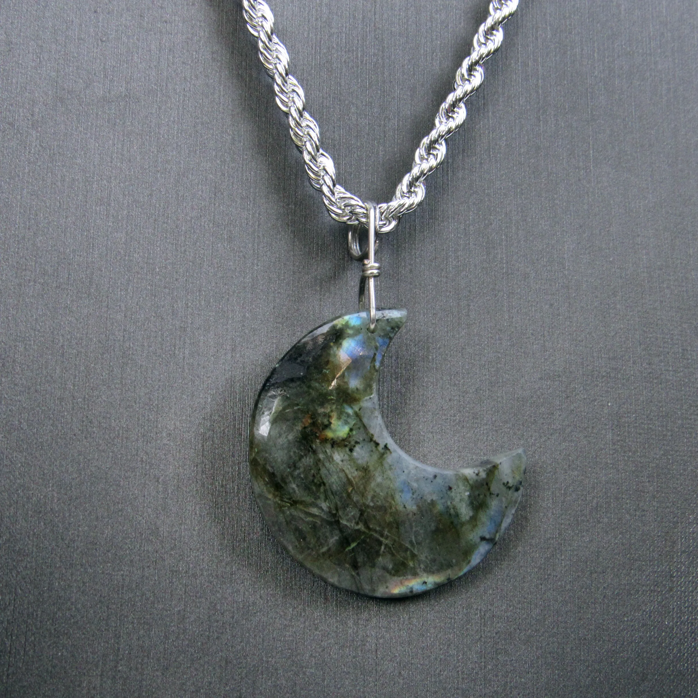 Labradorite Moon on Sterling Silver Rope Chain