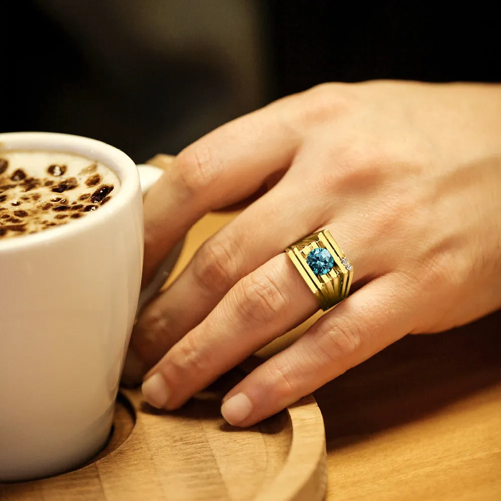 Mens Ring REAL Solid 10K YELLOW GOLD with Blue Topaz and GENUINE DIAMONDS all sz