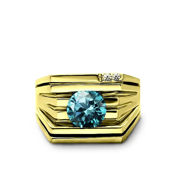 Mens Ring REAL Solid 10K YELLOW GOLD with Blue Topaz and GENUINE DIAMONDS all sz