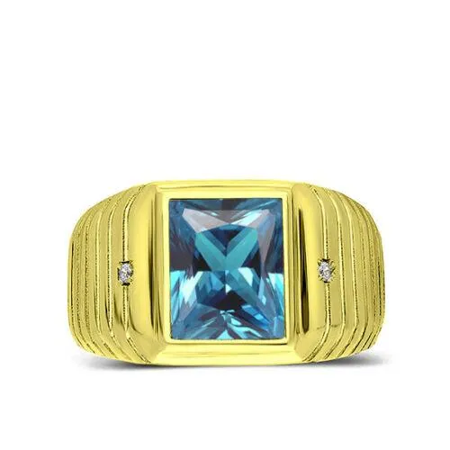 Men's Solid 18K Gold Blue Topaz Gemstone Ring 2 Natural Diamond Accents