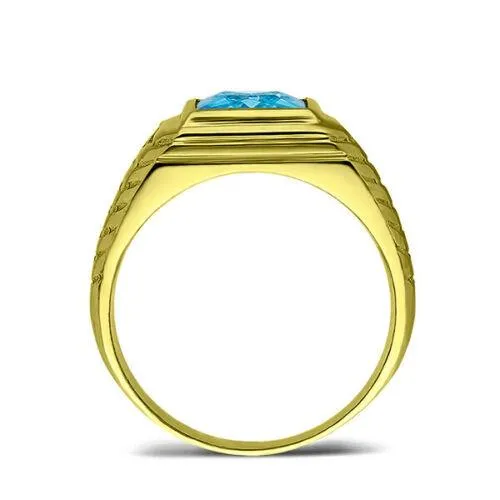 Men's Solid 18K Gold Blue Topaz Gemstone Ring 2 Natural Diamond Accents