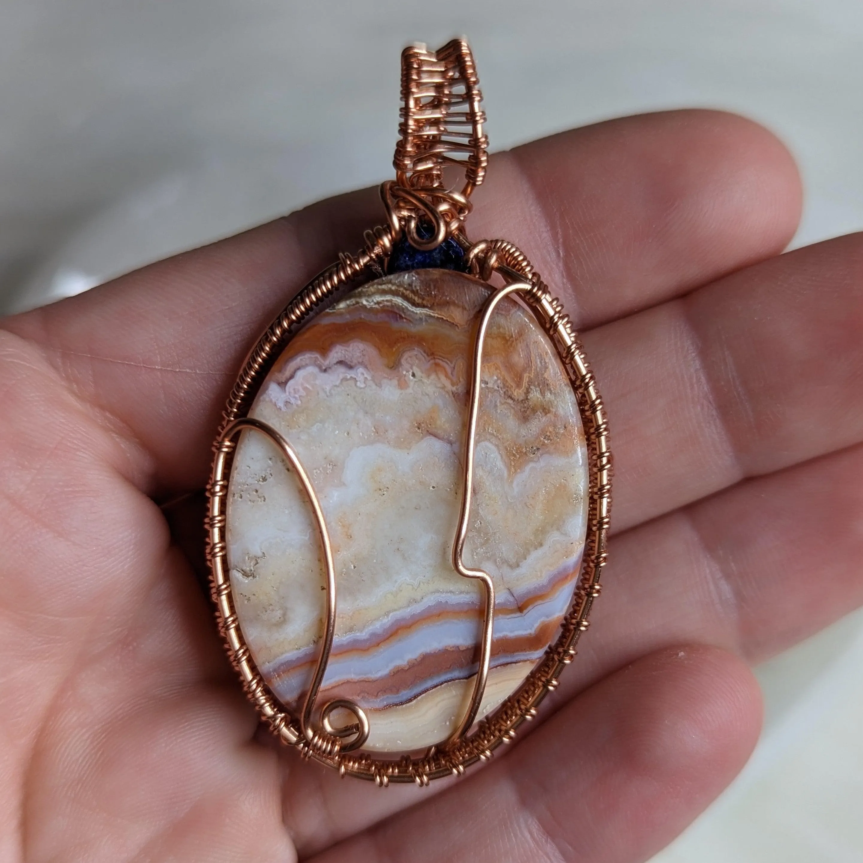 One of a Kind Copper Wire Wrapped Crazy Lace Agate with Lapis Lazuli