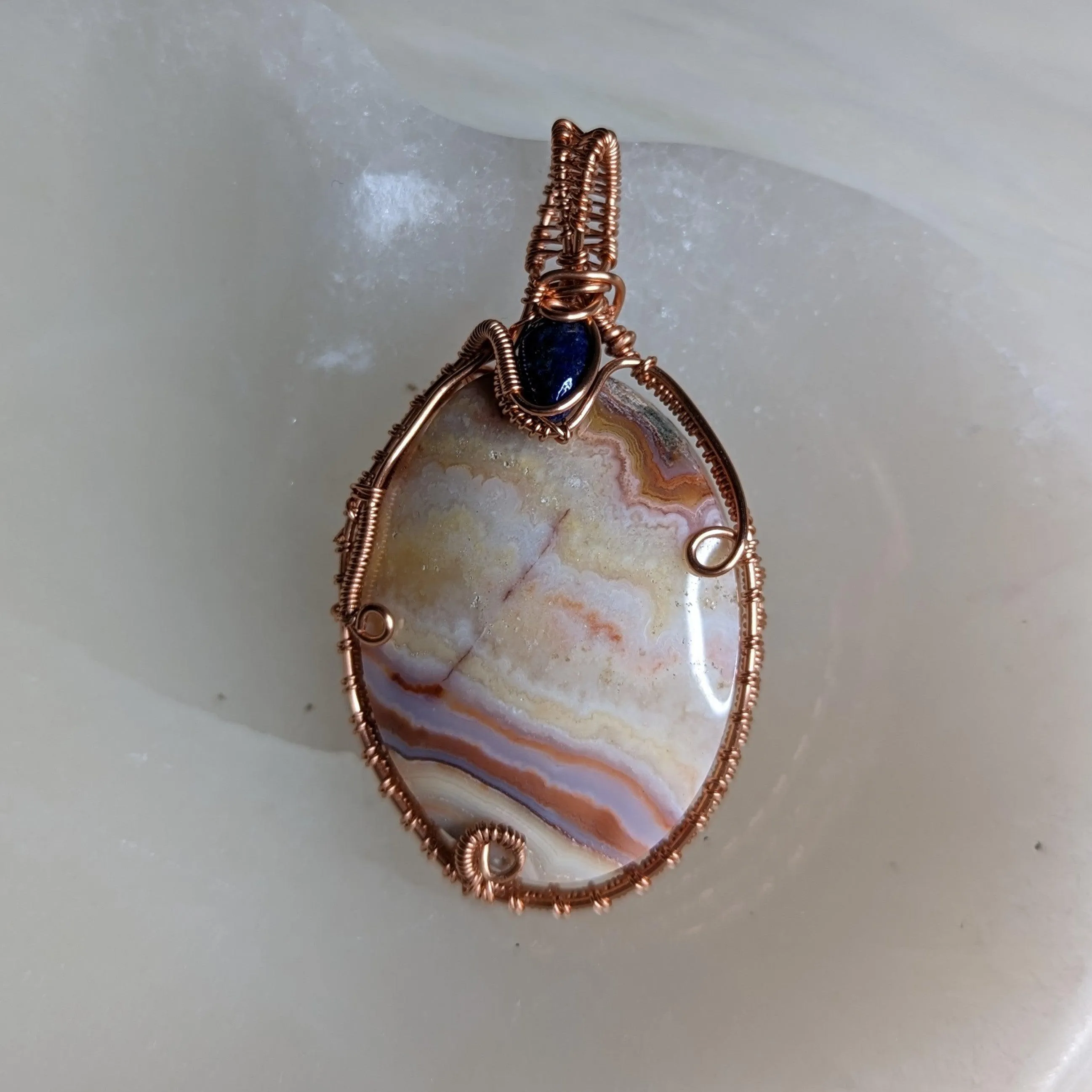 One of a Kind Copper Wire Wrapped Crazy Lace Agate with Lapis Lazuli