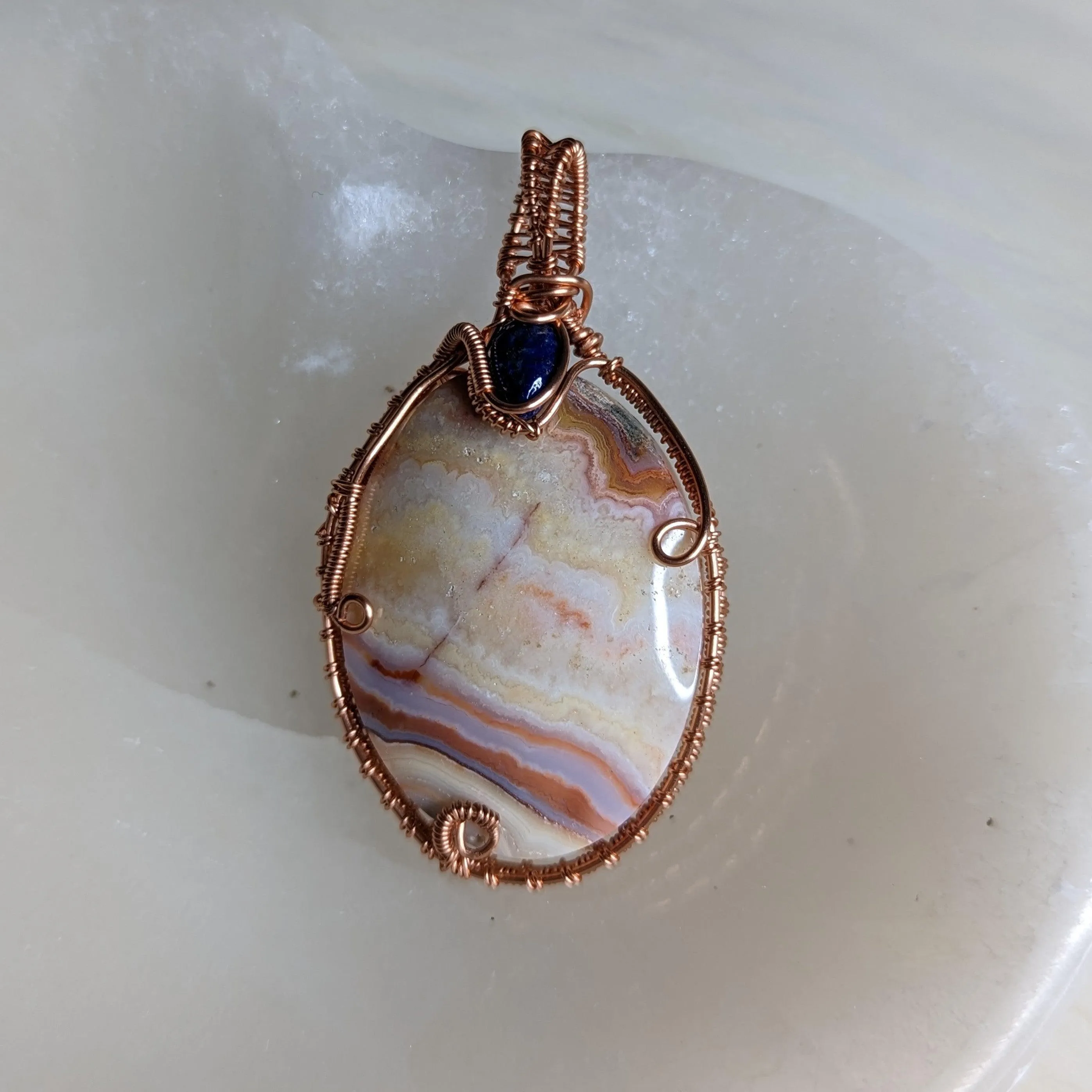 One of a Kind Copper Wire Wrapped Crazy Lace Agate with Lapis Lazuli