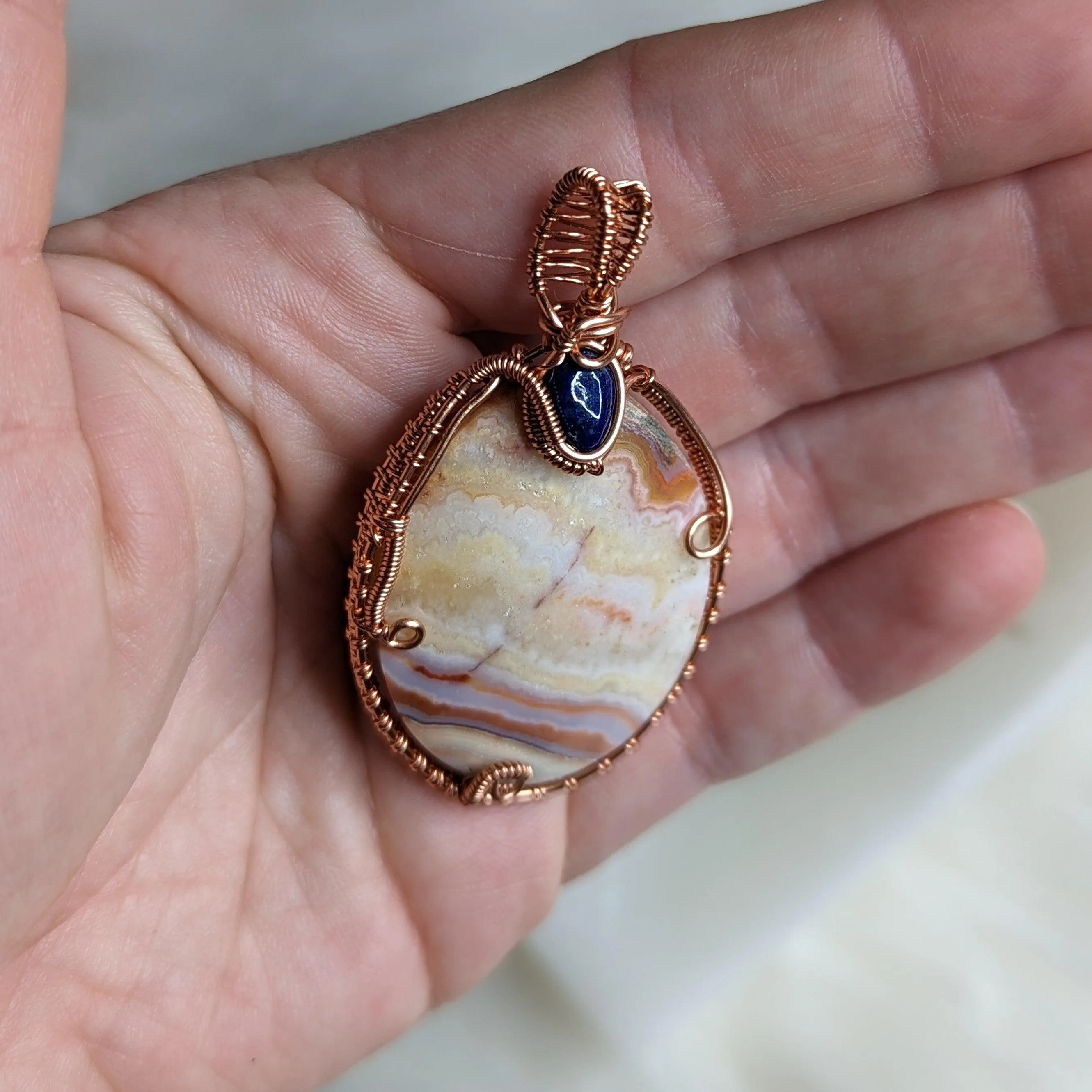 One of a Kind Copper Wire Wrapped Crazy Lace Agate with Lapis Lazuli