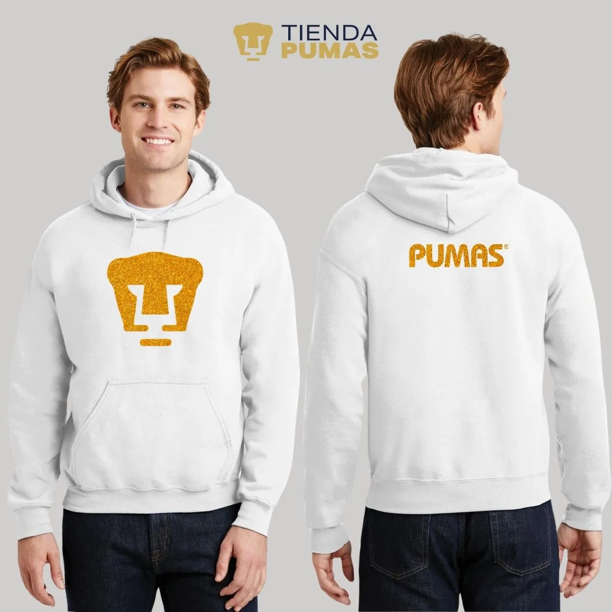 Sudadera Hombre Hoodie Pumas UNAM Logo Dorado Glitter