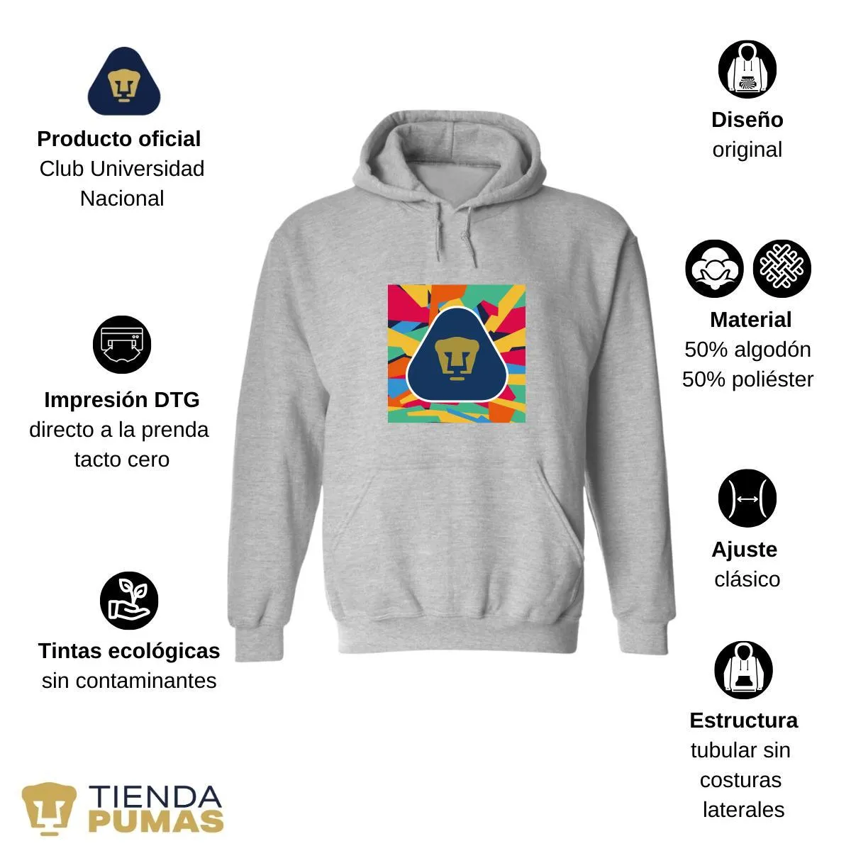 Sudadera Hombre Hoodie  Pumas UNAM Logo Multicolor