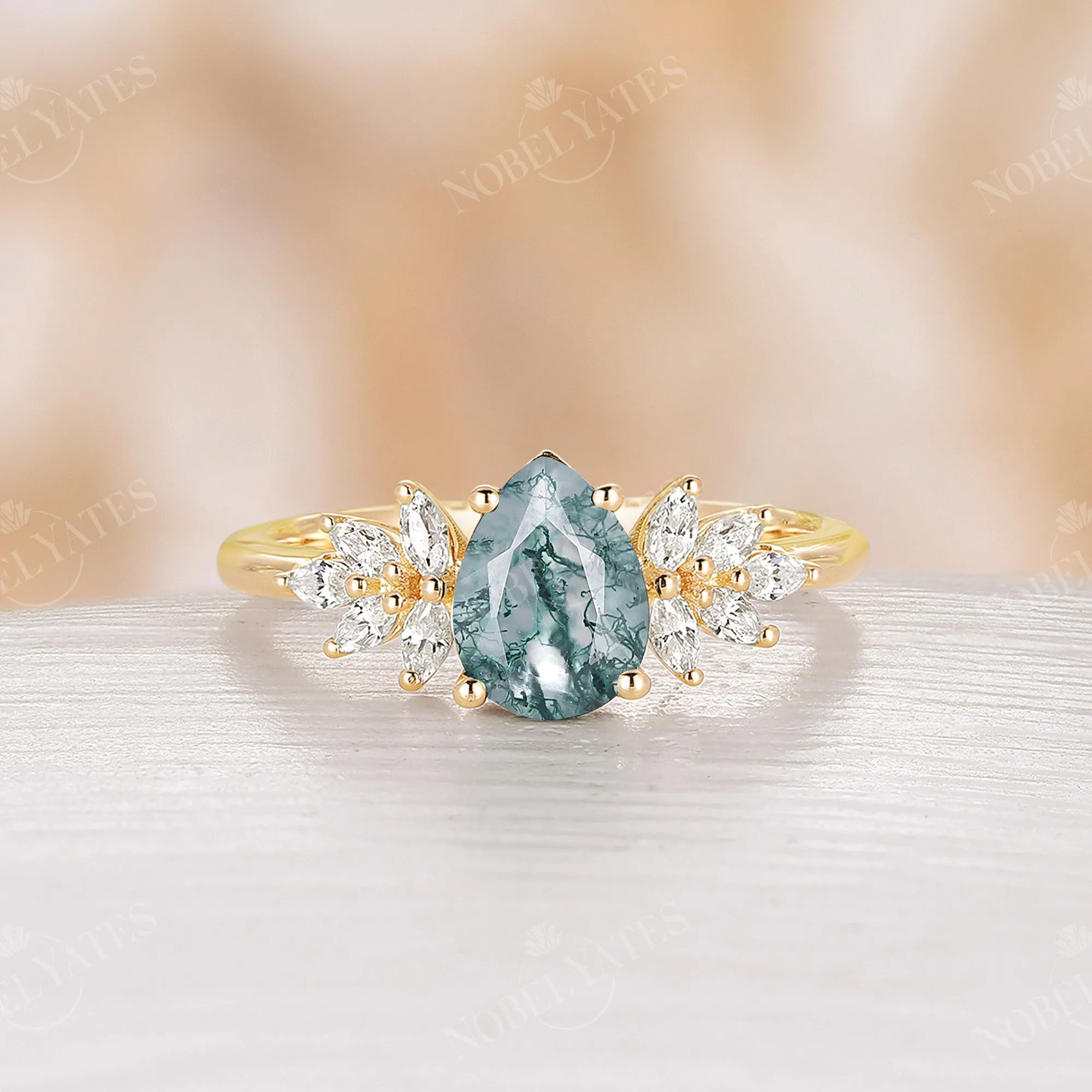 Teardrop Moss Agate Vintage Cluster Engagement Ring Rose Gold