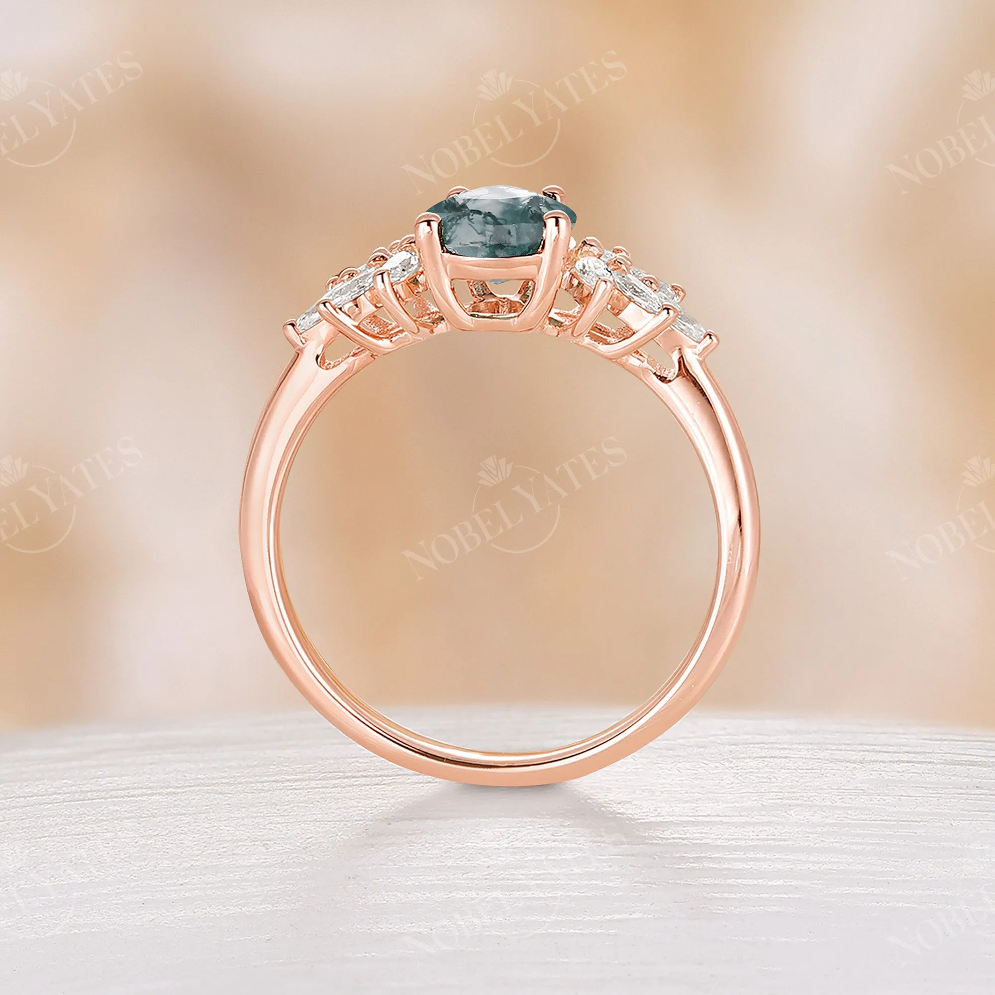 Teardrop Moss Agate Vintage Cluster Engagement Ring Rose Gold