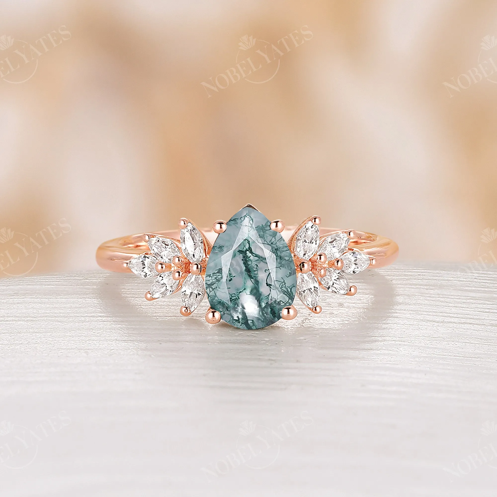 Teardrop Moss Agate Vintage Cluster Engagement Ring Rose Gold