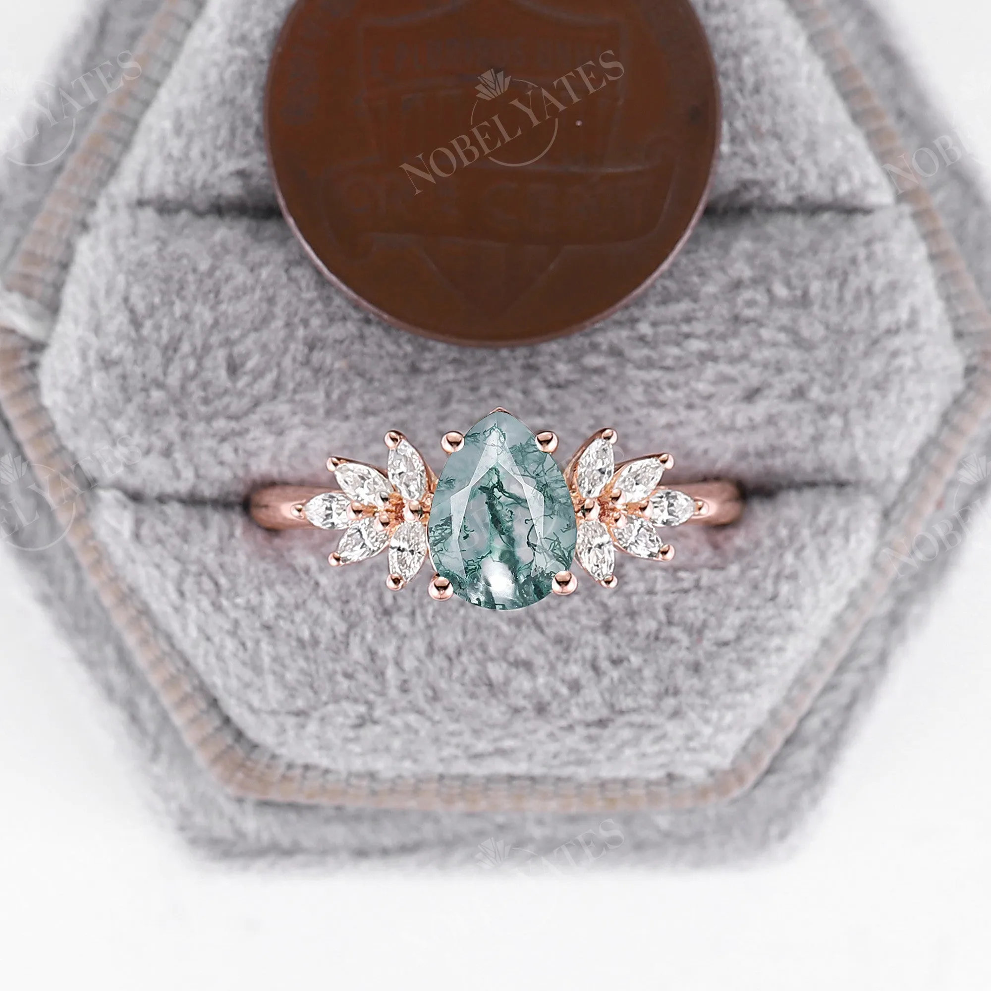 Teardrop Moss Agate Vintage Cluster Engagement Ring Rose Gold