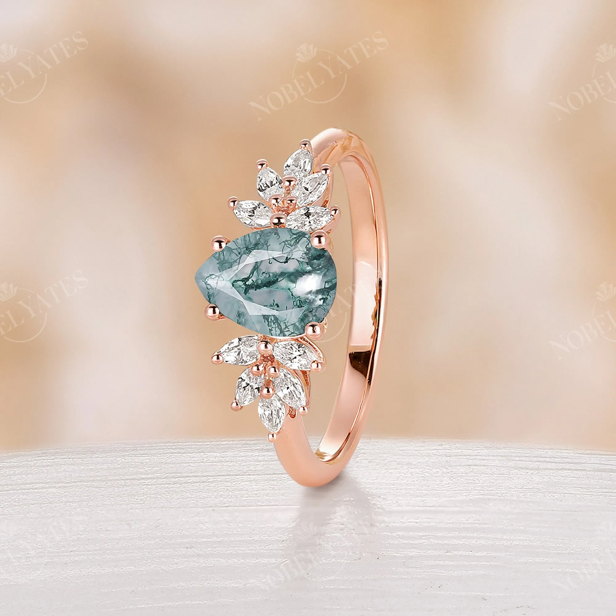 Teardrop Moss Agate Vintage Cluster Engagement Ring Rose Gold