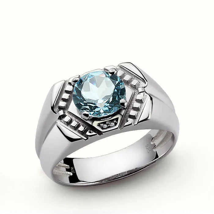 Vintage Men's Silver Ring with Round Gemstone and Diamonds