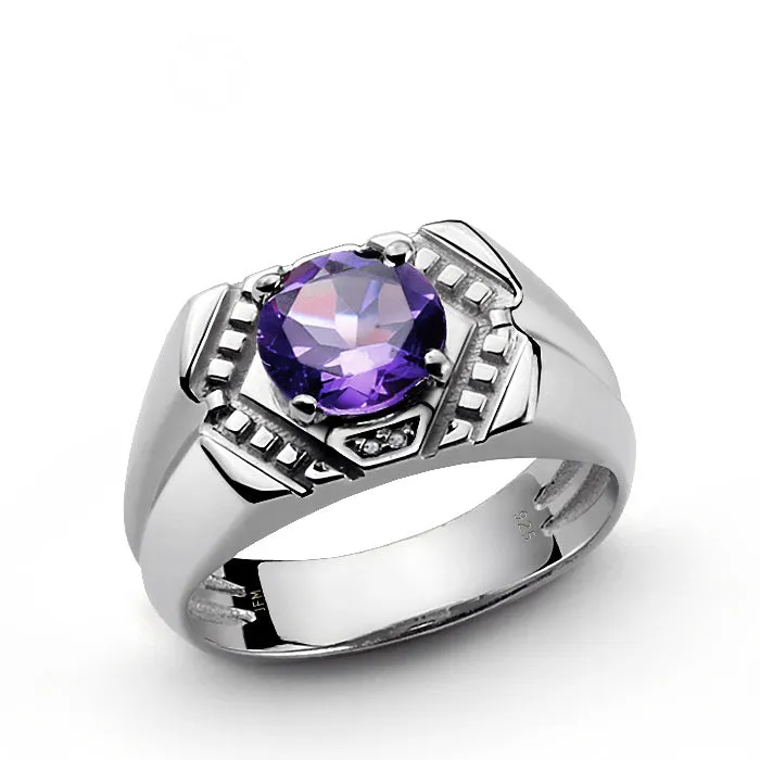 Vintage Men's Silver Ring with Round Gemstone and Diamonds