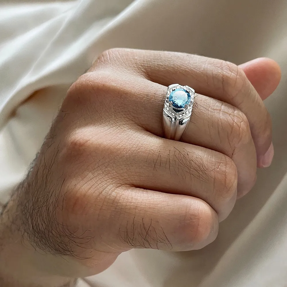 Vintage Men's Silver Ring with Round Gemstone and Diamonds