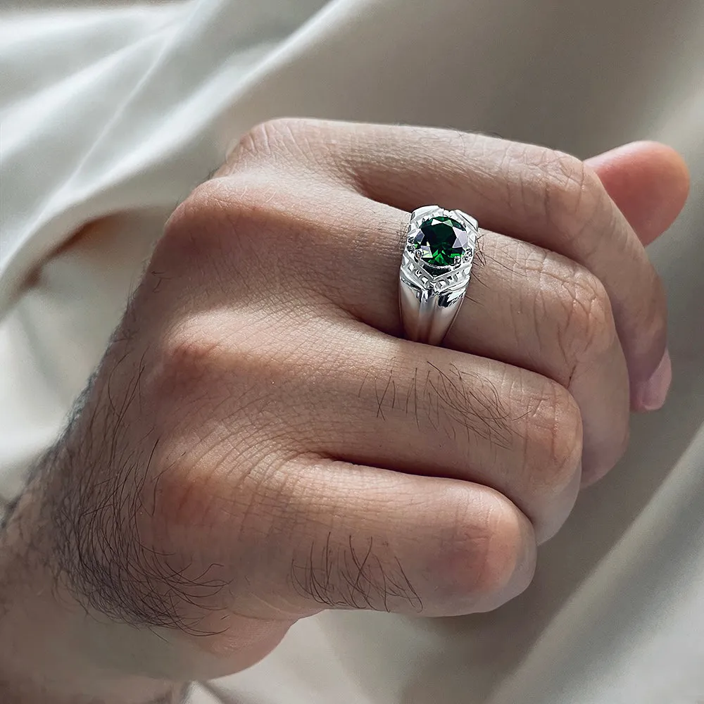 Vintage Men's Silver Ring with Round Gemstone and Diamonds