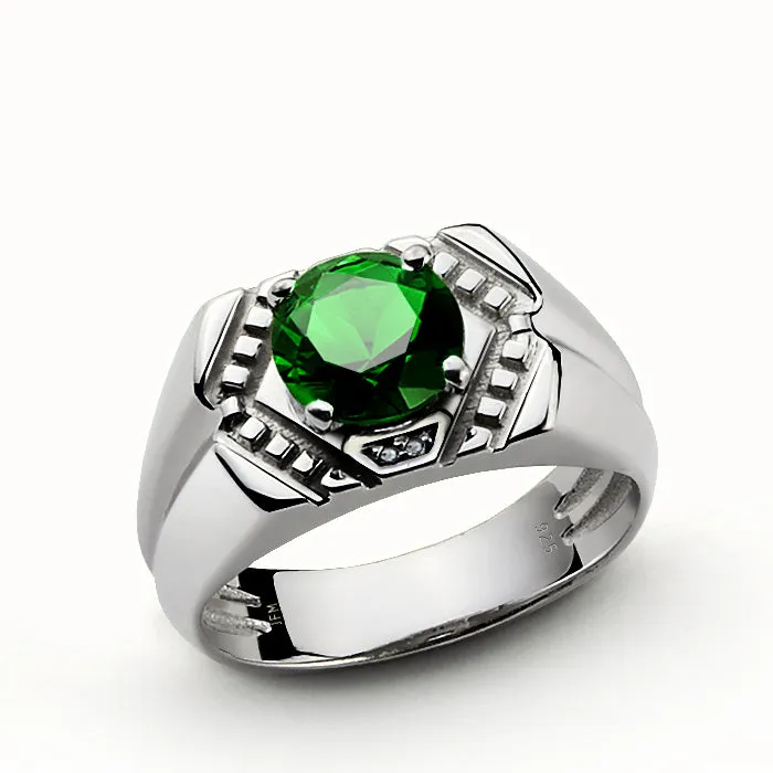 Vintage Men's Silver Ring with Round Gemstone and Diamonds