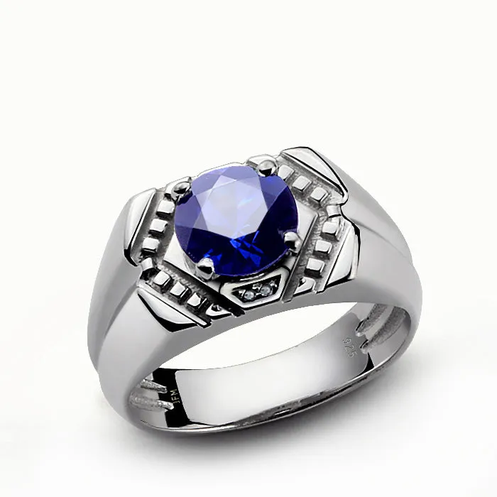 Vintage Men's Silver Ring with Round Gemstone and Diamonds